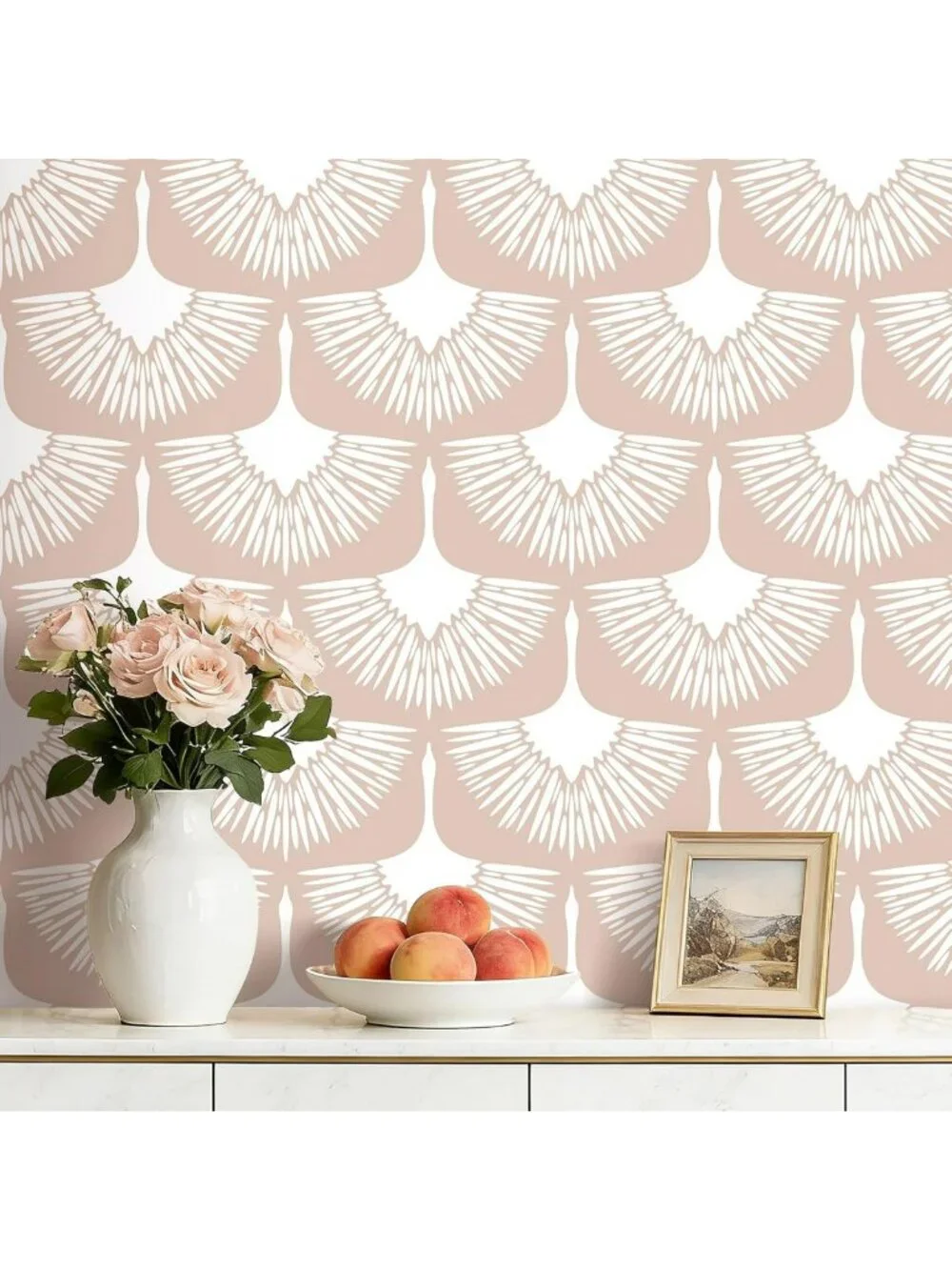 Modern Boho Pink Peel and Stick Wallpaper - Art Deco Crane Design, Renter